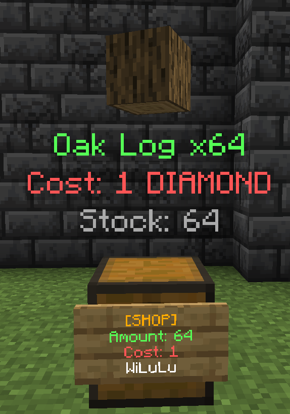 En färdig Minecraft-butik med skylt och lager